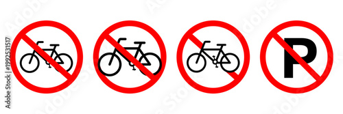 No parking vector signs set. Don't park here icon. No bicycle sign. Parking prohibited symbol. No bike allowed sign red circle line vector isolated illustration. 