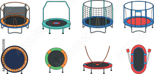 Set of various trampolines with safety nets and different shapes for outdoor fitness and kids recreation isolated vector illustration