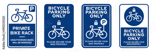 Bicycle parking sign, signboard, signage, symbol, icon set. Traffic road sign. Bicycle Parking Icon. Bike parking signs. Bike with chain lock. Vector Illustration.