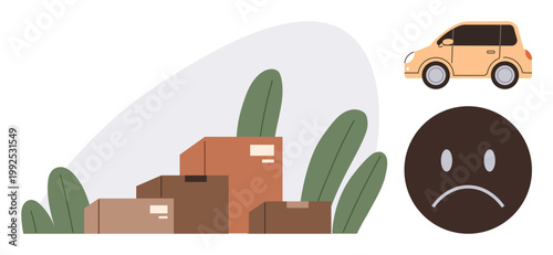 E-commerce, logistics delays, customer dissatisfaction, shipping issues, delivery problems, supply chain management. Stacked boxes, sad face and small yellow car. E-commerce and logistics delays