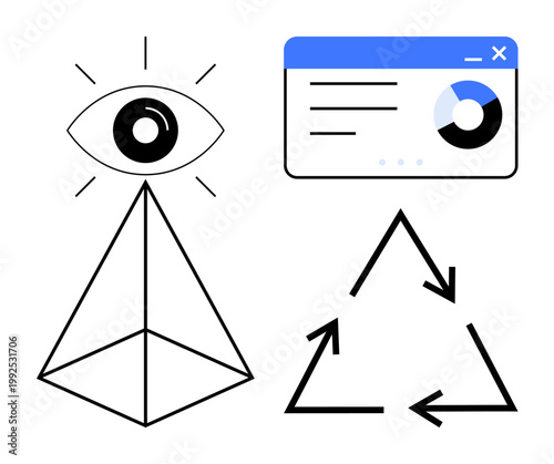 Data analytics, sustainability, design concepts, eye symbolism, digital interface, recycling. Minimalistic pyramid with an eye, a chart and arrows. Data analytics and sustainability