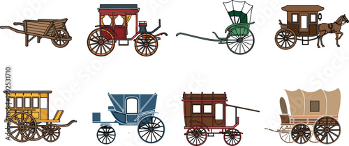 Set of vintage horse drawn carriages and wagons in different historical styles isolated on white background vector illustration collection