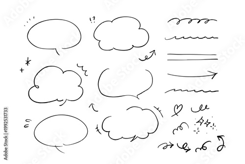 手描き吹き出しと落書き装飾のシンプル線画セット 会話用フレームや矢印アイコン素材集