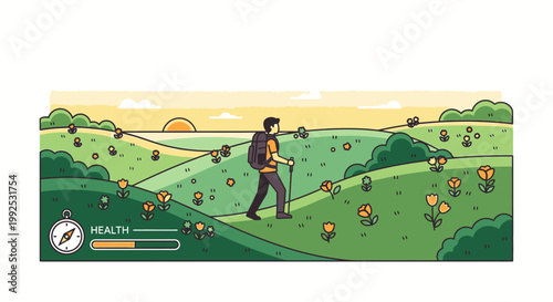 A man wearing a backpack walks through a green field with scattered flowers and a sunset in the background with a peaceful mood.