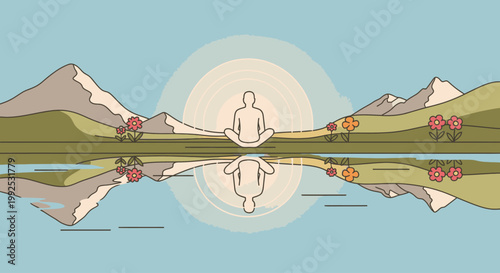 Illustration of a meditating person in lotus position with a serene mountain lake landscape and vibrant flowers reflecting symmetry in a calm natural setting.