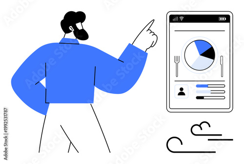 Data analysis, business strategy, presentation tools, digital tracking, report visualization, user interface design. Man pointing to a tablet with pie chart and statistics. Data analysis and business