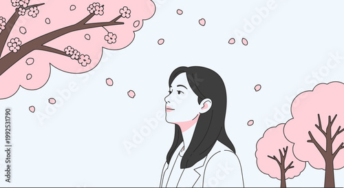 Illustration of a serene young woman smelling pink cherry blossoms with trees and petals floating in the air.