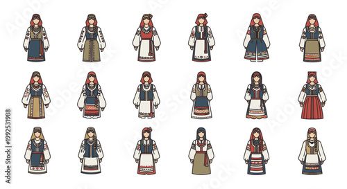 Collection of 15 stylized illustrations depicting women in various traditional European folk costumes and ethnic attire.