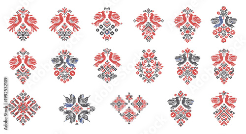 A collection of traditional Eastern European folk embroidery patterns featuring stylized birds and geometric motifs in red, black, and grey, arranged on a white background.