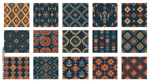 Collection of fifteen seamless ethnic ikat patterns with geometric and floral motifs in earthy blue and orange tones.
