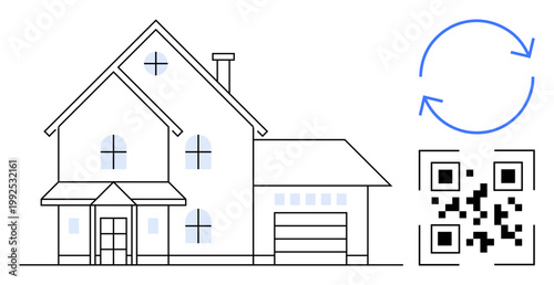Sustainable living, smart home, eco-friendly technology, real estate, digital solutions, property management. A house accompanied by a QR code and a recycling symbol. Sustainable living and smart