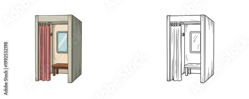 Fitting room booth in cartoon and line art style with wood and red colors used for clothing store interior and dressing area furniture