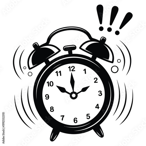 Alarm clock ringing, classic wake up concept, loud bell alarm with motion lines, time management symbol