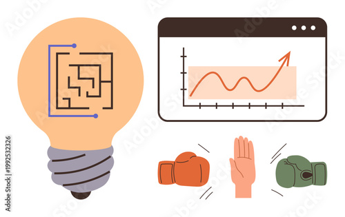 Business strategy, innovation, decision-making, growth, competition, data analysis. Light bulb with circuit, graph with rising trend boxing gloves and hand. Business strategy and innovation concept