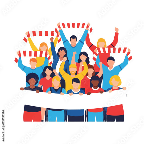 Diverse group of soccer fans from different backgrounds and physical abilities cheering together, holding a large blank white scarf, vibrant primary colors, minimalist flat vector artwork,