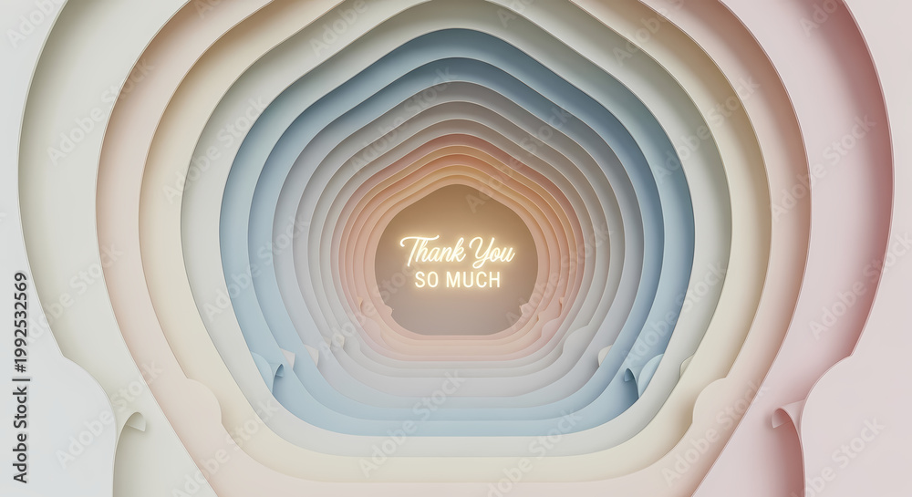 Fototapeta premium Abstract layered pastel tunnel with thank you message in neon light