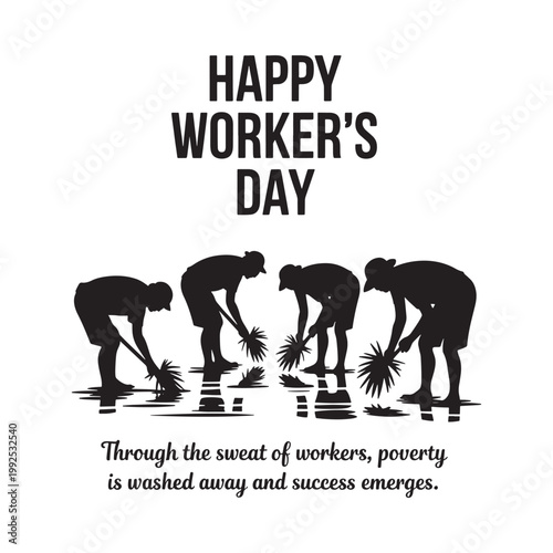 Happy worker s day illustration with silhouettes of people working in fields