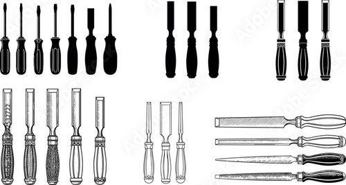 Set of woodworking chisels and carving tools in different styles isolated on white background detailed vector illustration collection