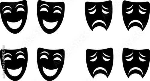 Theater comedy and tragedy masks icon set with expressive happy and sad faces silhouette vector isolated on light background