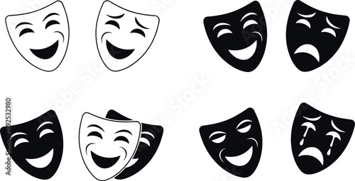 Theater mask collection with comedy and tragedy faces in outline and silhouette styles vector set isolated on light background