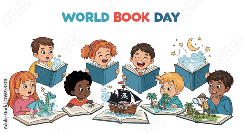 A group of diverse children reading books with imaginative scenes popping out, presented as a colorful vector illustration against a white background, showcasing a love for reading