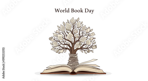 A stylized illustration promoting World Book Day features an open book at the base supporting a tree whose leaves are individual books, set against a clean white background with a focus