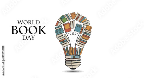 Stylized vector illustration celebrating World Book Day with a lightbulb shape formed by stacked books, promoting literacy and education against a clean white background in a visually