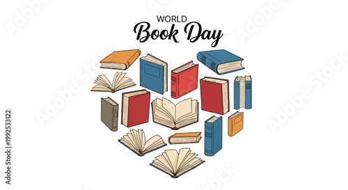 A heart-shaped World Book Day design features colorful book illustrations, conveying education and literacy concepts with an open book illustration, set against a clean white background
