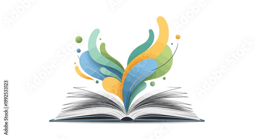 A whimsical open book illustration with colorful, abstract shapes emerging from its pages, set against a clean white background, evokes a sense of imagination and knowledge sharing