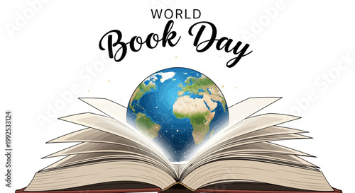 Open book illustration with a world globe emerging in a vector graphic with a bright, cheerful mood, emphasizing imagination through books and the concept of World Book Day on a clean white
