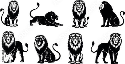 Canvastavla Black and White Lion Illustrations in Different Poses Including Sitting, Roaring