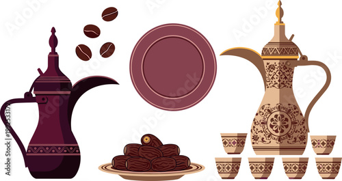 Bakery desserts and tea set collection with croissant cakes cupcakes and teapot, detailed sweet food vector illustration isolated on light background