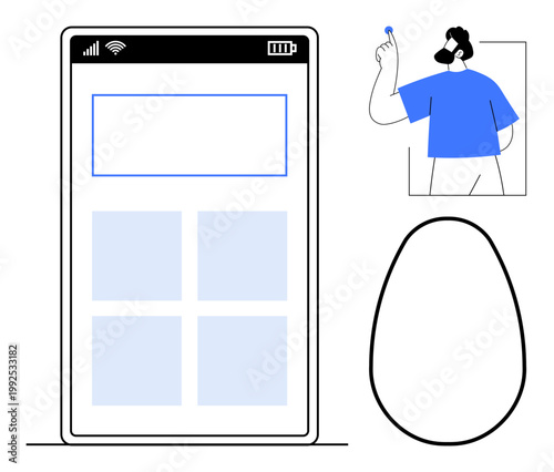 App design, digital interaction, technology, user interface, mobile connectivity, communication. Minimalistic mobile screen layout with a person interacting. App design and digital interaction