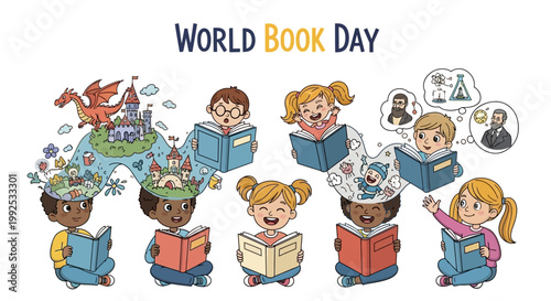 A colorful vector illustration shows diverse children reading books, fostering imagination, with whimsical thoughts visually emanating from the pages, set against a clean white background