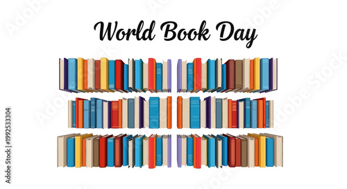 A flat lay illustration displaying a stack of colorful books arranged in rows against a clean white background, celebrating World Book Day with a focus on reading habits and promoting