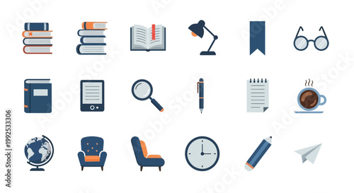 A flat lay vector illustration showing an assortment of reading-related icons, including books, a lamp, and a globe, arranged against a clean white background with a bright and educational