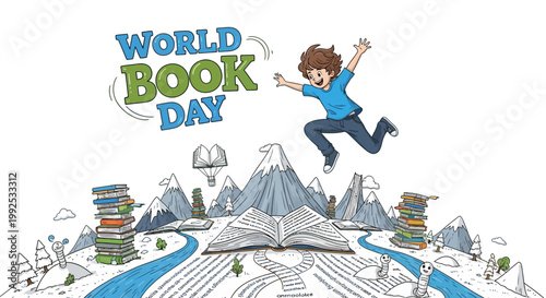 A whimsical vector illustration celebrating World Book Day, featuring a joyful boy leaping over an open book with mountains and a river landscape against a clean white backdrop