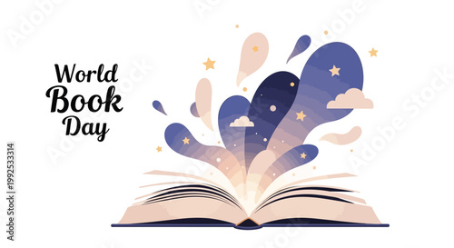 Stylized vector illustration showing an open book with magical light and stars emanating from it against a clean white background, promoting the concept of reading books and education