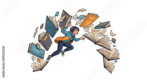 A cartoon illustration shows a person leaping through a swirling arc of open books, against a clean white backdrop, symbolizing imagination and knowledge, rendered in a vibrant, stylized