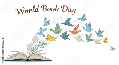 An open book illustration with flying birds and pages, designed for World Book Day, set against a clean white background, evoking a sense of imagination and knowledge sharing with bright