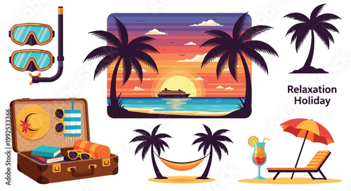 Tropical beach vacation relaxation set with palm trees and sunset palm tree tropical vacation relaxation suitcase paradise umbrella elements