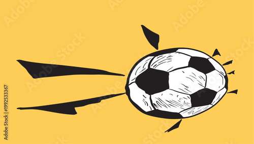 Soccer ball flying fast on yellow background