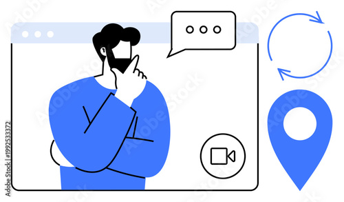 Online interaction, virtual navigation, digital technology, communication tools, brainstorming, remote working. Person thinking with a speech bubble, map pin and video icon. Online interaction