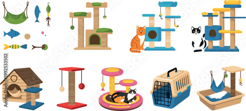Cat accessories and furniture collection with scratching posts toys carrier litter box and pet supplies vector set isolated background