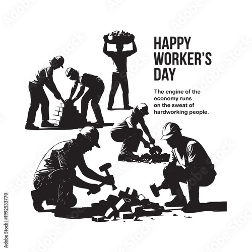 Happy worker s day illustration featuring silhouetted figures of labor and construction