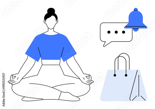 Wellness, mindfulness, relaxation, online shopping, digital communication, productivity. A person sitting in a meditative pose alongside shopping, chat and alert icons. Wellness and mindfulness idea