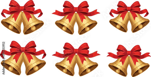 Christmas bells collection with red bows festive holiday decoration vector set isolated on light background
