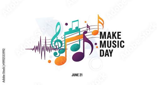Musical notes and treble clef with sound wave and geometric shapes, make music day theme, June 21