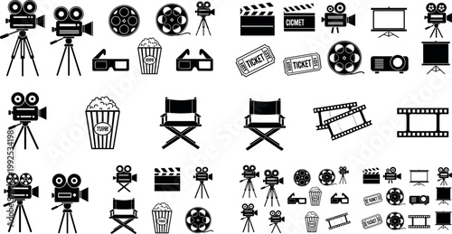 Cinema and movie production icon set with camera clapperboard popcorn tickets and film reel vector collection isolated background