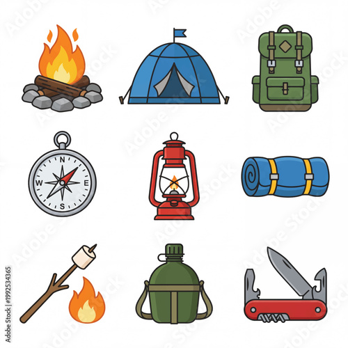 Camping Gear Icons Set Outdoor Adventure Equipment.
